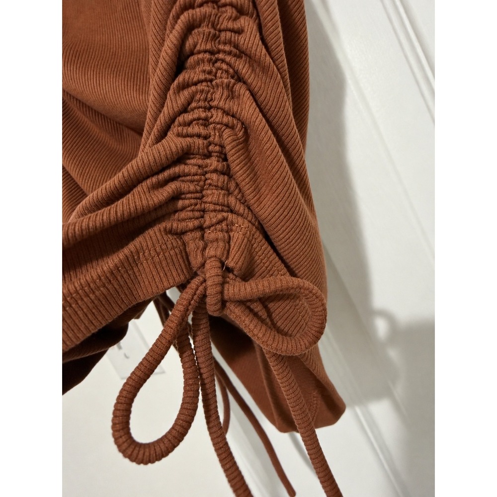 Zara Brown Ribbed Ruched Side Drawstring Bodycon Mini Dress Small Stretch - Picture 3 of 6